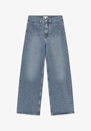 Helle blaue Jeans im weit geschnittenen Schnitt mit hoher Taille, vier Taschen und einem sauberen Finish; verfügt über einen strukturierten Stoff und eine gerade Silhouette.