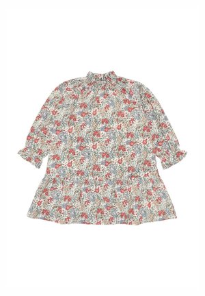 Bluse mit Blumenmuster in Rot, Lila und Beige, hohem Rüschenkragen, dreiviertellangen Ärmeln mit Rüschen und weitem Schnitt.