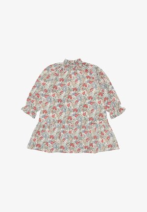 Bluse mit Blumenmuster in Rot, Lila und Beige, hohem Rüschenkragen, dreiviertellangen Ärmeln mit Rüschen und weitem Schnitt.