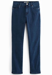 Slim-fit tume sinised teksad, mis sisaldavad klassikalist viie-tasku disaini, kuldset riistvara ja peeneid õmblemise detaile õmbluste ääres.