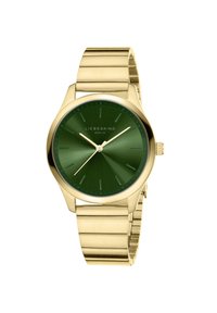 Goldfarbene Armbanduhr mit grünem strukturiertem Zifferblatt, goldenen Zeigern, Stundenmarkierungen und einem Metall-Gliederarmband. Marke: Liebeskind Berlin.