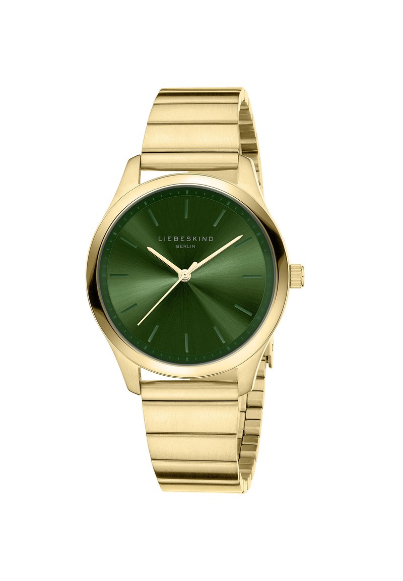 Goldfarbene Armbanduhr mit grünem strukturiertem Zifferblatt, goldenen Zeigern, Stundenmarkierungen und einem Metall-Gliederarmband. Marke: Liebeskind Berlin.