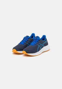 Blue and navy athletic shoes with a breathable mesh upper, orange rubber sole, and tonal accents. Features traditional lacing and a cushioned tongue.