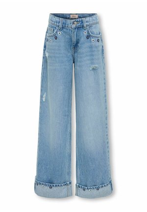 Jeans azzurri chiaro a gamba larga con dettagli consumati, piccoli fiori ricamati vicino alle tasche e ai polsini, e orlo piegato.