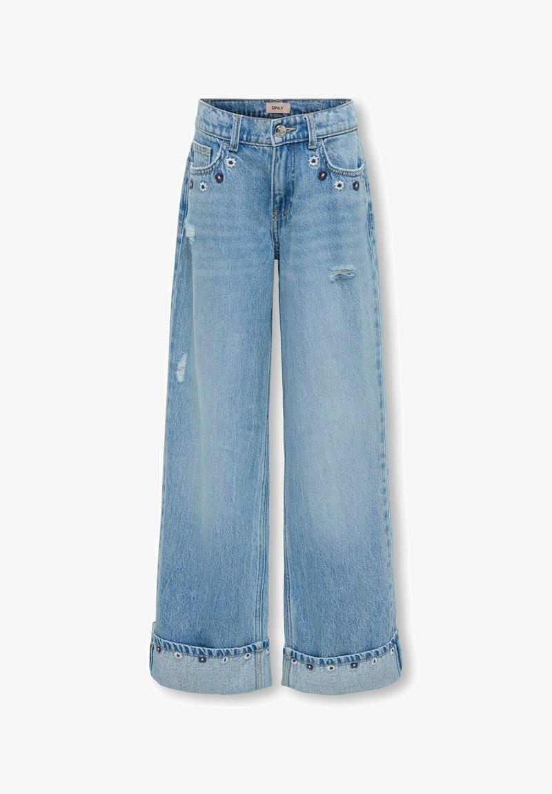 Hele sinised laia säärega teksapüksid kulunud-detailidega, väikeste tikitud lilledega taskute ja mansettide lähedal ning ülesvolditud äärega.