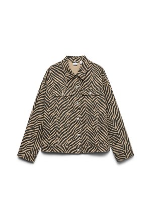 Zebra-gepatenteerde jack in bruin en zwart. Kenmerken een kraag, knopen aan de voorkant, en twee borstzakken. Gemaakt van textuurstof. Lange mouwen.