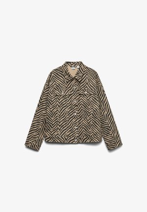 Jakna z leopardskim vzorcem v bež in črni barvi. Ima ovratnik, sprednje gumbe in dva žepa na prsih. Narejena je iz teksturiranega blaga. Dolgi rokavi.