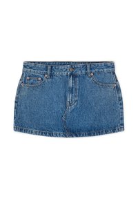 Gonna di jeans in blu chiaro, caratterizzata da un design classico a cinque tasche, chiusura con bottone e un orlo leggermente svasato.