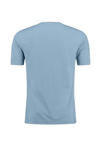 T-shirt bleu clair à manches courtes en coton doux, avec un col rond classique et une texture lisse et uni sans motifs.
