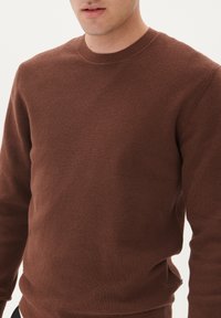 Brown textured knit sweater with a crew neckline. Features a close fit and ribbed cuffs, made from soft, breathable material.
