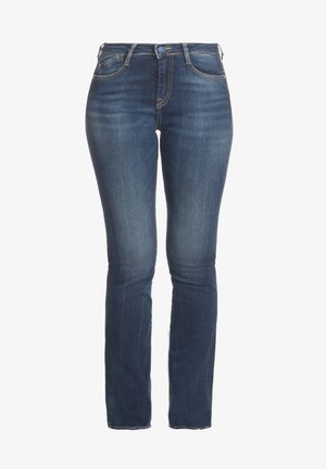 Donkerblauwe denim jeans met een klassiek recht model, voorzien van zijzakken, contrasterende stiksels en een knoopsluiting.