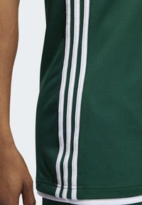 Grünes Sporttrikot aus Mesh-Stoff mit weißen vertikalen Streifen entlang der linken Seite. Kurze Ärmel und runder Halsausschnitt.