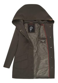 Dunkelolivfarbener Kapuzenmantel mit vorderer Klapptasche, rot gefüttertem Innenraum, Reißverschluss und Druckknöpfen sowie Marikoo-Brandpatches im Inneren.
