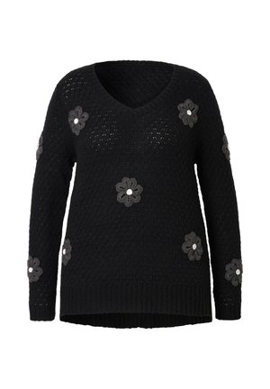 Maglione nero lavorato a maglia con scollo a V, caratterizzato da applicazioni floreali in grigio e bianco, motivo testurizzato su tutta la superficie, e polsini e orlo a coste.