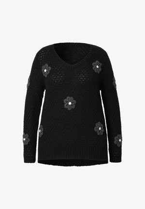 Suéter negro de punto con escote en V, que presenta aplicaciones florales en gris y blanco, un patrón texturizado en todo el tejido y puños y dobladillo acanalados.