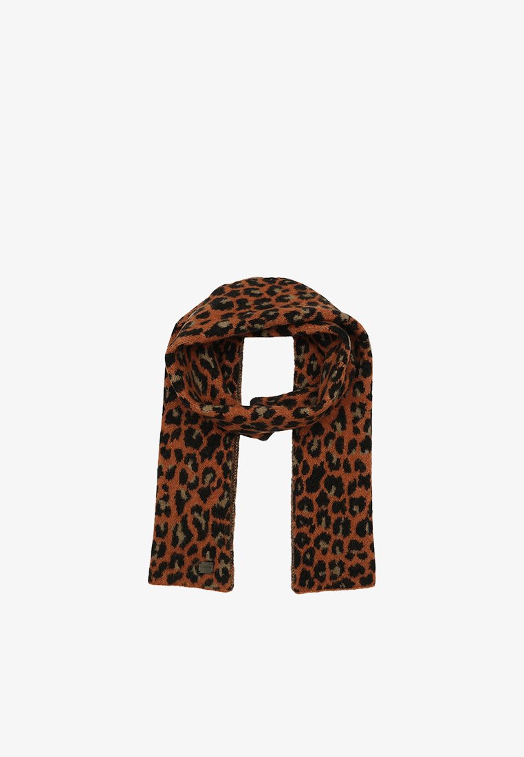 Sciarpa con stampa leopardata caratterizzata da un motivo arancione e nero, realizzata in un materiale morbido, con forma rettangolare e un dettaglio del logo discreto.