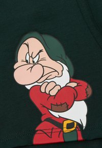 Tmavě zelená látka se zobrazením naštvaného trpaslíka v červeném oblečení a bílou bradkou, se zkříženýma rukama a zelenou čepicí.