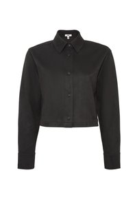 Camicia nera corta con bottoni, maniche lunghe e colletto a punta, mostrata su uno sfondo bianco.