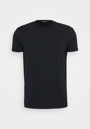 Schwarzes Kurzarm-T-Shirt mit einem strukturierten Muster aus dem wiederholten "DSQUARED2"-Logo in einem leicht helleren Schwarzton. Klassischer Rundhalsausschnitt.
