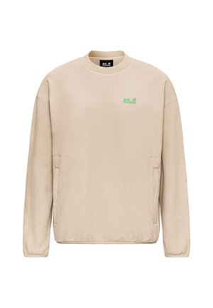 Beige sweatshirt met een ronde hals, lange mouwen, zijzakken en groene logo-details op de borst. Zachte textuur, casual ontwerp.