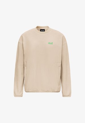 Sweatshirt beige avec col rond, manches longues, poches latérales et détails de logo verts sur la poitrine. Texture douce, design décontracté.