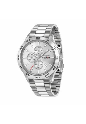 Orologio da polso cronografo in acciaio inossidabile argento con tre quadranti secondari, finestra della data e indici numerici neri sulla lunetta.