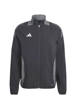 Schwarze Sportjacke mit grauen Akzenten, durchgehendem Reißverschluss, hohem Kragen und Seitentaschen. Verfügt über reflektierende Details und ein gesticktes Logo.