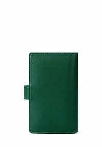 Green faux leather wallet, rectangular shape with a smooth texture, stitched edges, and a side snap closure for secure fastening.