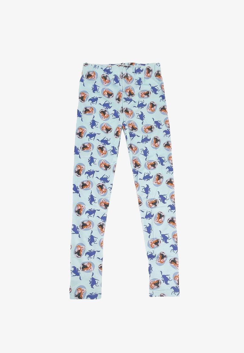 Leggings gemaakt van lichtgewicht stof, met een lichtblauwe achtergrond en herhaalde patronen van figuren en donkergroene paarden.