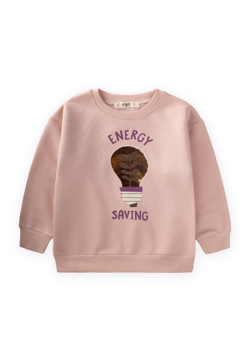 Sudadera rosa con cuello redondo y mangas largas. Presenta un diseño con el texto "AHORRO DE ENERGÍA" y una bombilla decorativa con una planta.
