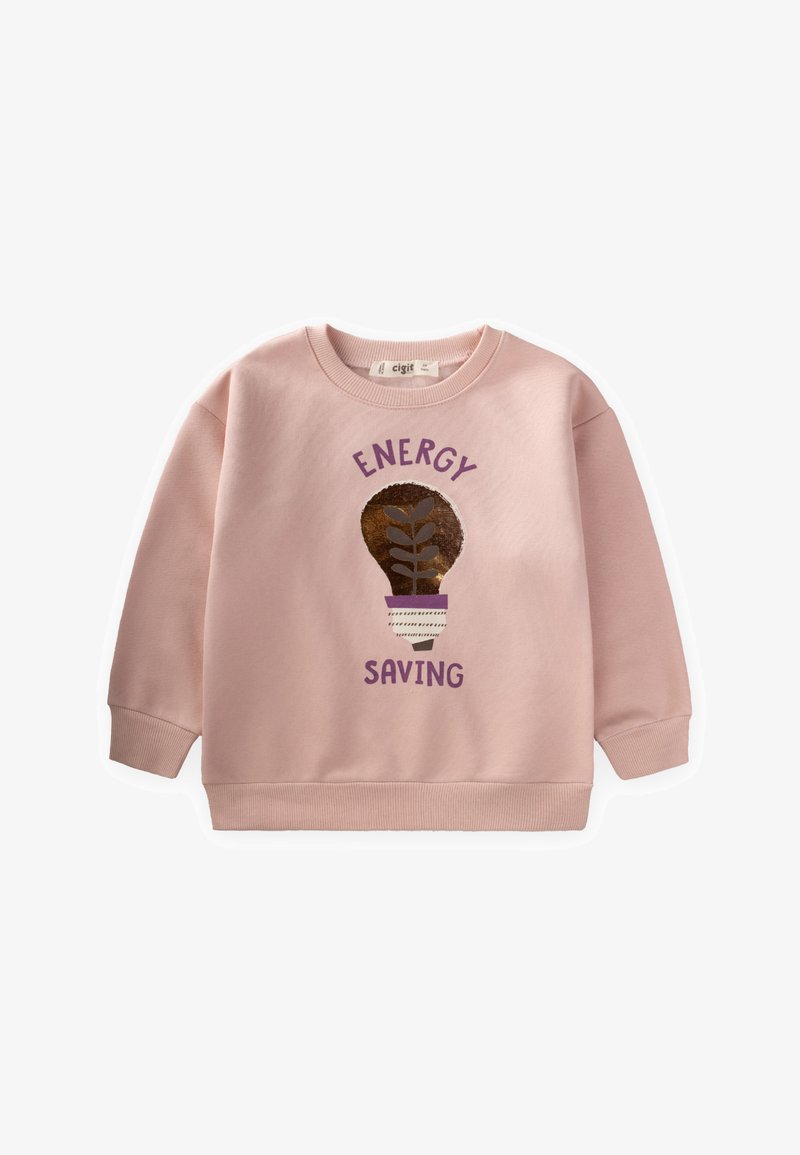 Felpa rosa con scollatura tonda e maniche lunghe. Presenta un design con il testo "RISPARMIO ENERGETICO" e una lampadina decorativa con una pianta.