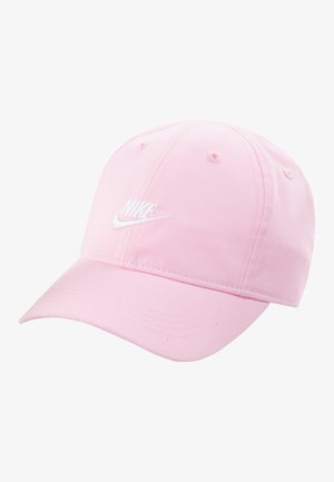 Gorra rosa de algodón con visera curvada, que cuenta con un logo bordado de Nike en blanco en la parte frontal. Incluye ojales de ventilación.