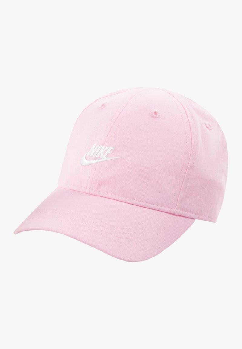 Boné rosa de algodão com viseira curva, apresentando um logótipo Nike bordado em branco na frente. Inclui ilhós de ventilação.