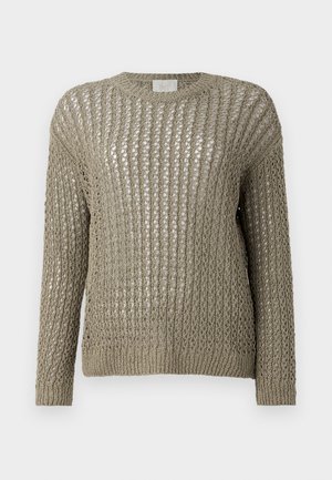Lightweight, knitted sweater in a muted olive green. Features a loose, open weave and long sleeves with a ribbed hem.