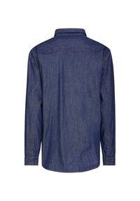 Dunkelblaue Denim-Hemd, lange Ärmel, knöpfbare Bündchen, klassischer Kragen, gerader Saum, sichtbare Nähte an Schultern und Ärmeln.