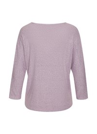 Fliederfarbener, langärmeliger Strickpullover mit weitem Ausschnitt, von hinten gezeigt.