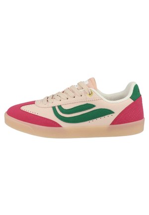 Scarpa da ginnastica casual bassa con base beige, dettagli rosa su punta e tallone, motivo a onde verdi sui lati, lacci beige e suola traslucida.