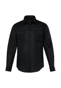 Zwarte langarmshirts van linnen, met een knoopsluiting aan de voorkant, twee borstzakken met kleppen en een klassieke kraag.