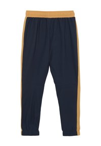 Marineblauwe sportbroek met een gele zijsponsor, elastische tailleband en gathered boorden bij de enkels. Gemaakt van een lichtgewicht stof.