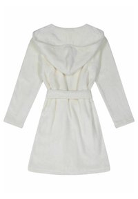 Cremefarvet badekåbe lavet af blødt, plysset materiale. Har en hætte, lange ærmer og et bundet bælte i taljen for justerbar pasform.