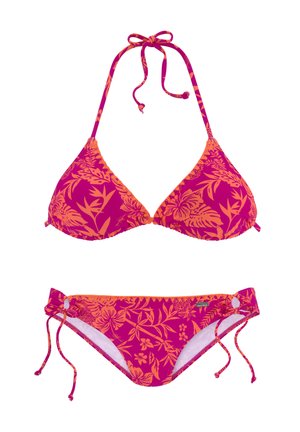 Lila und orange Bikini-Set mit Blumenmuster, Triangel-Top und Bindebund auf weißem Hintergrund.