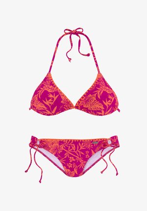 Purple and orange floral print bikini set with triangle top and tie-side bottoms on a white background.