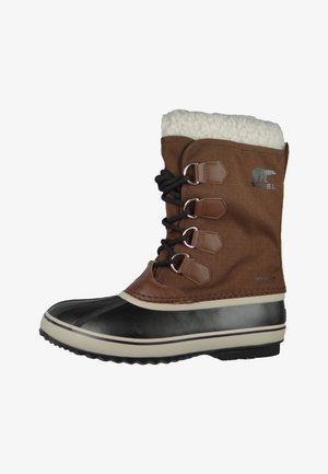 Brown fabric winter boot with black rubber sole, white fur cuff lining, metal eyelets, and decorative laces. Features a bear logo on the side.