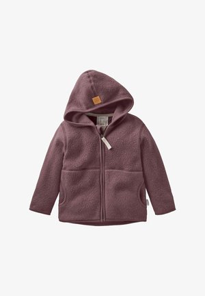 Veste en polaire violette poussiéreuse pour enfant avec capuche, fermeture éclair à l'avant et poches latérales, dotée d'un petit patch en cuir sur la capuche.