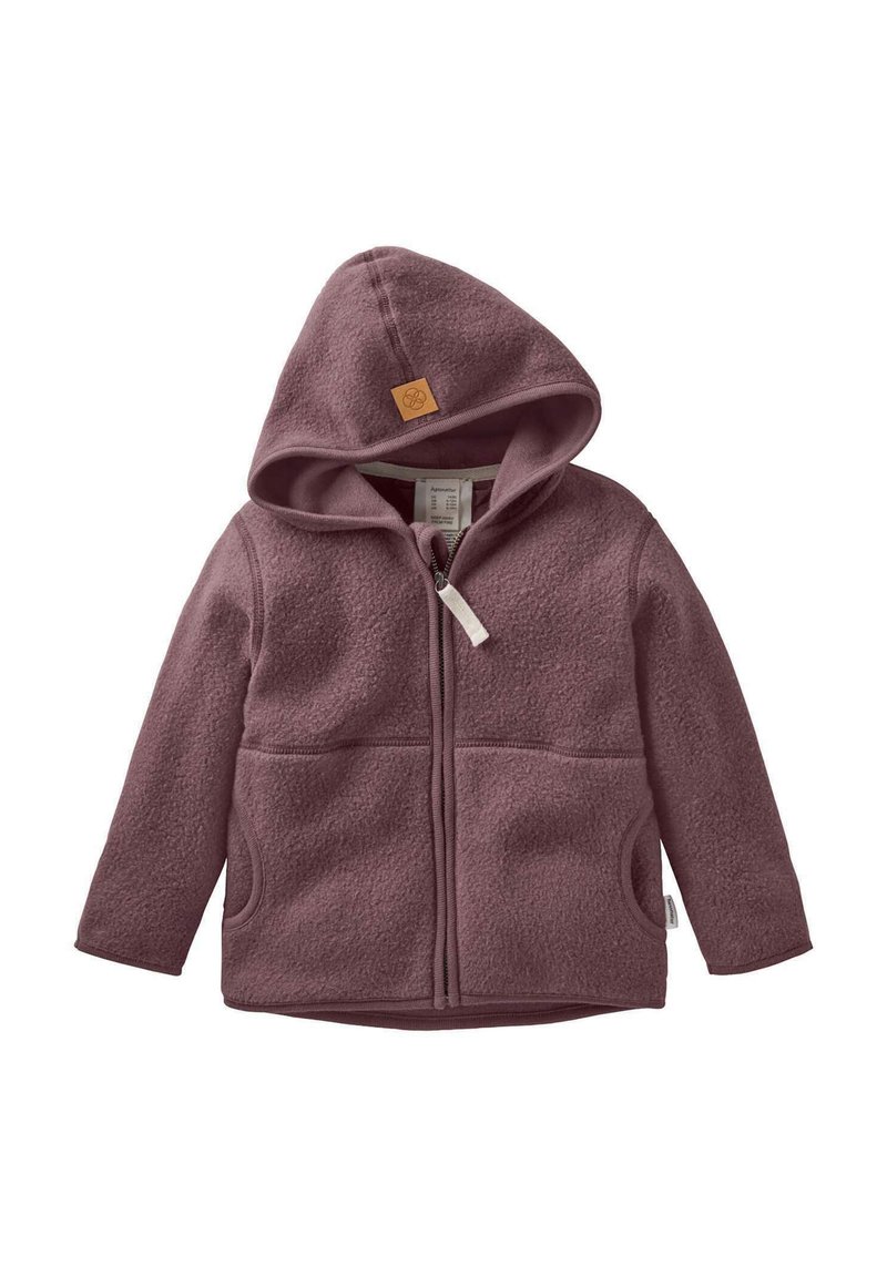 Kindermantel aus staubigem lila Fleece mit Kapuze, Frontreißverschluss und seitlichen Taschen, mit einem kleinen Lederpatch auf der Kapuze.