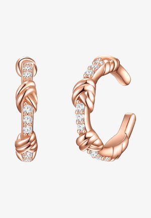 Øreringe i rosaguld har et snoet design med klare sten accenter, der fremhæver en slank, glat overflade og en cirkulær form.