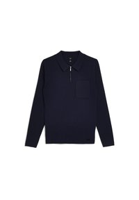 Chemise à manches longues navy avec col et demi-fermeture éclair, dotée d'une poche poitrine et d'un tissu texturé. Marquage subtil au niveau de l'ourlet.