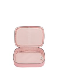 Růžová zipová taška s hladkým povrchem a měkkou vnitřní podšívkou. Obsahuje oddělovač přihrádky a štítek.