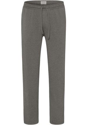 Pantalons de lounge en coton gris avec une taille à cordon de serrage, jambes droites et une texture douce et lisse. Design minimaliste sans motifs ni embellissements visibles.