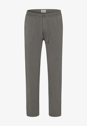 Grå bomulds hyggebukser med elastisk talje og snoretræk, lige ben og en blød, glat tekstur. Minimalistisk design uden synlige mønstre eller udsmykninger.